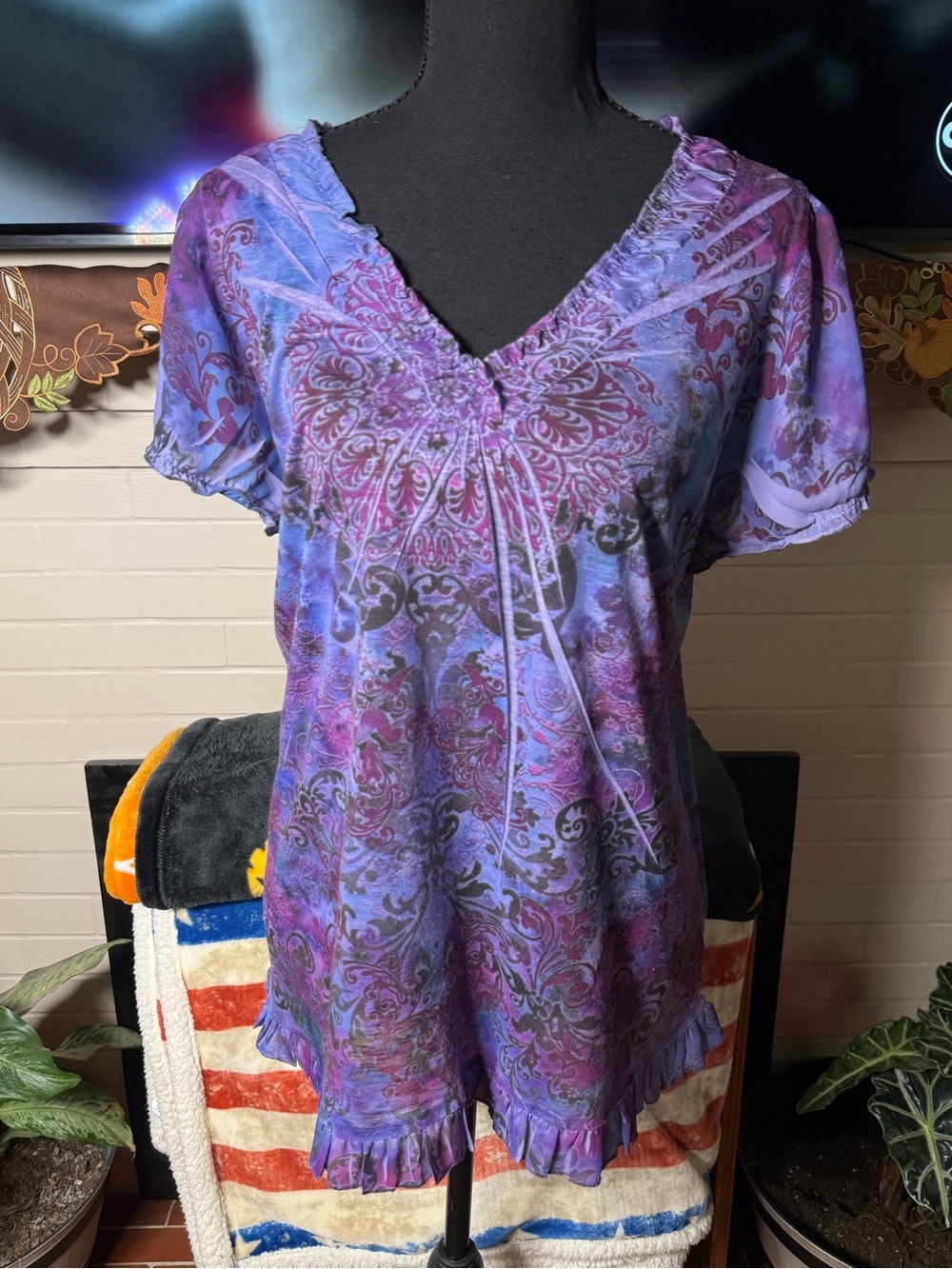 Cato Purple and Blue Paisley V-Neck Tunic Top